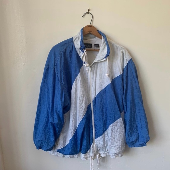1980's Blue and White Striped Women's Nylon Track Jacket Vintage Windbreaker - Picture 4 of 7